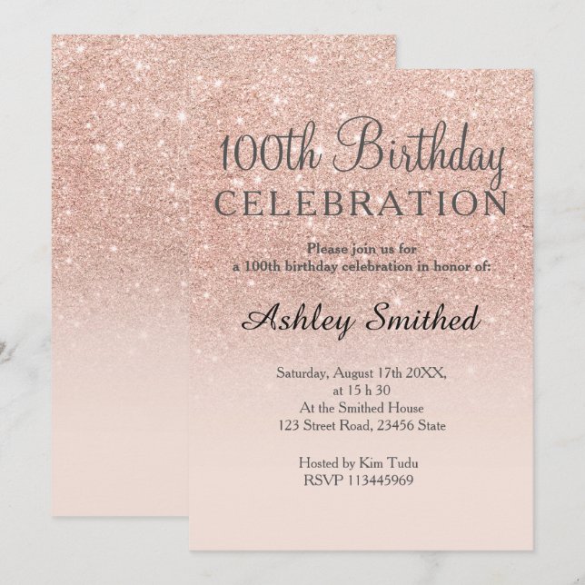 Rose gold faux glitter pink ombre 100th birthday invitation (Front/Back)
