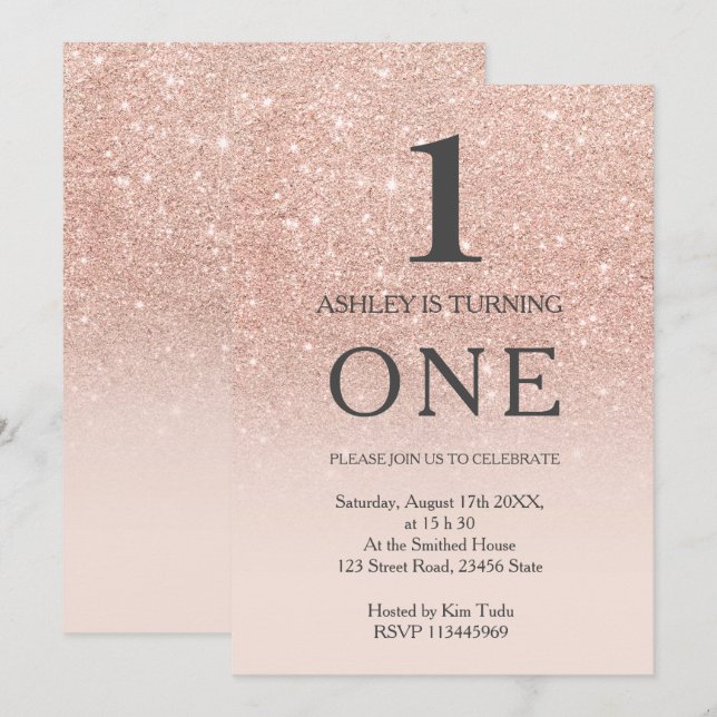 Rose gold faux glitter pink ombre 1st birthday invitation (Front/Back)