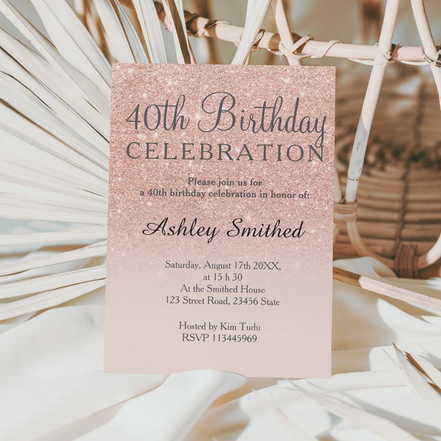Rose gold faux glitter pink ombre 40th birthday invitation (Creator Uploaded)
