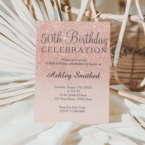 Rose gold faux glitter pink ombre 50th birthday invitation