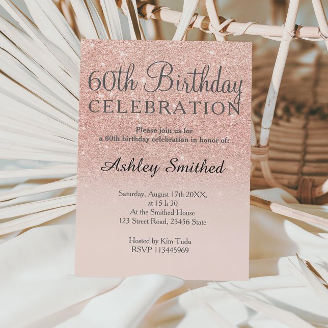 Rose gold faux glitter pink ombre 60th birthday invitation (Creator Uploaded)