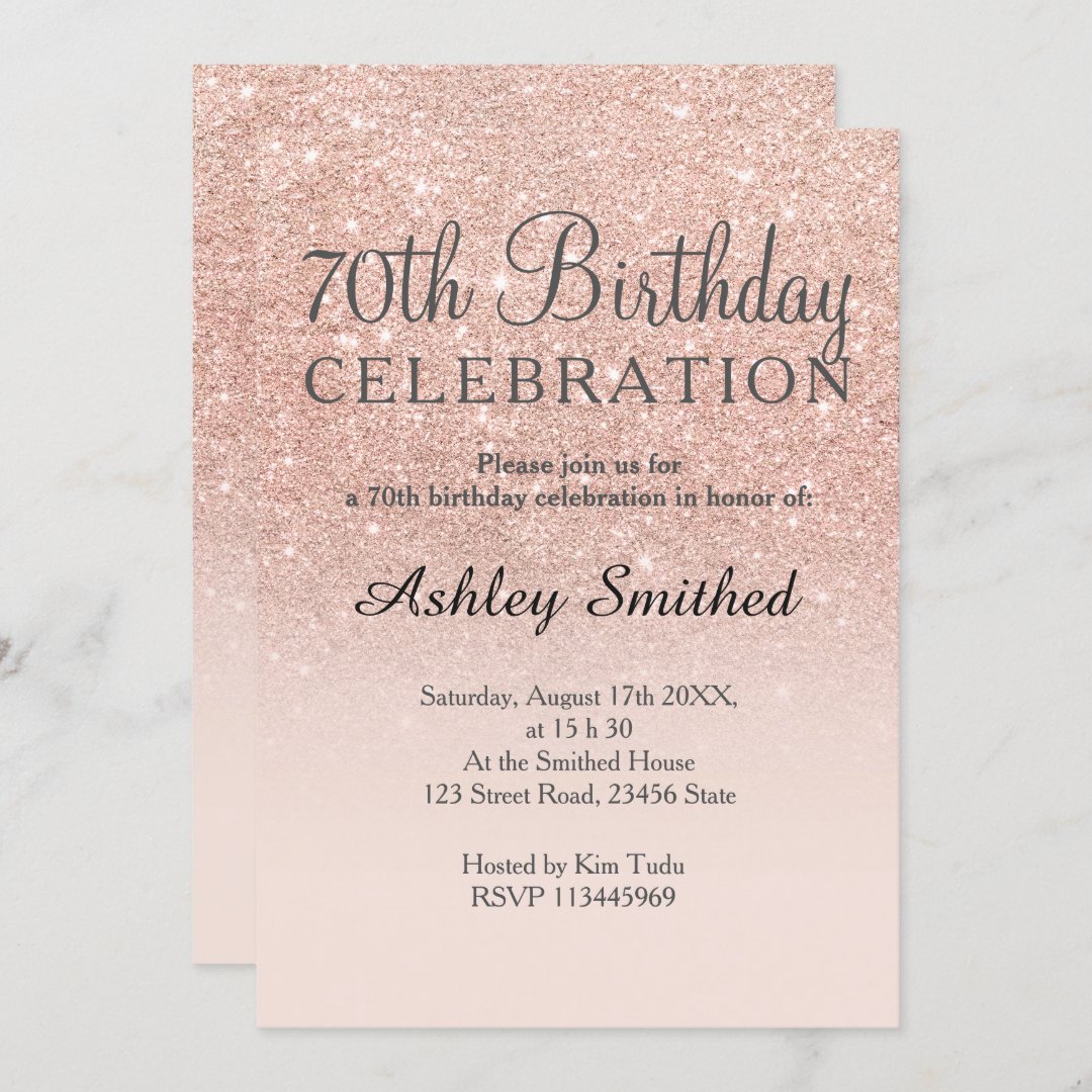 Rose Gold Faux Glitter Pink Ombre 70th Birthday Invitation 