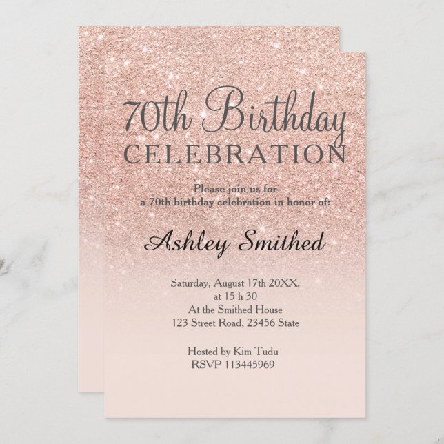 Rose gold faux glitter pink ombre 70th birthday invitation (Front/Back)