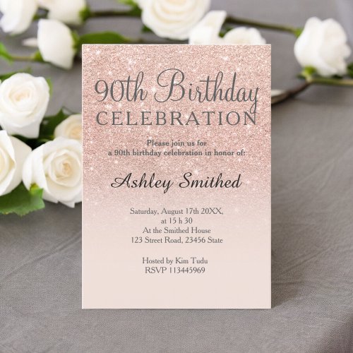 Rose gold faux glitter pink ombre 90th birthday invitation