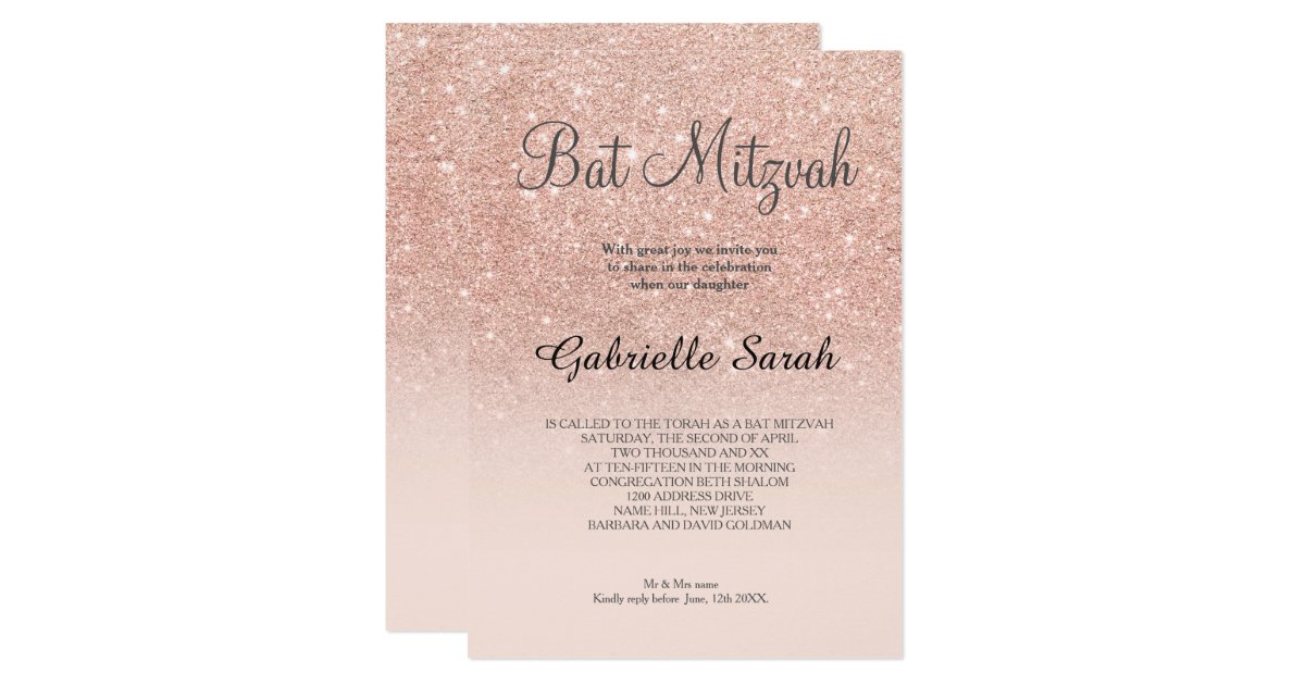 Rose gold faux glitter pink ombre Bat Mitzvah Card | Zazzle.com