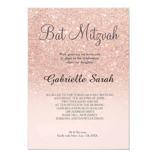 Rose Gold Faux Glitter Pink Ombre Bat Mitzvah Invitation