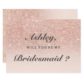 Rose gold faux glitter pink ombre be my bridesmaid card