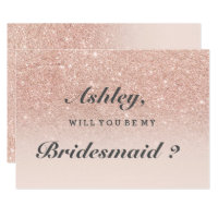 Rose gold faux glitter pink ombre be my bridesmaid invitation