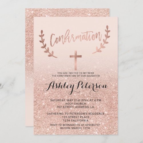 Rose gold faux glitter pink ombre confirmation invitation