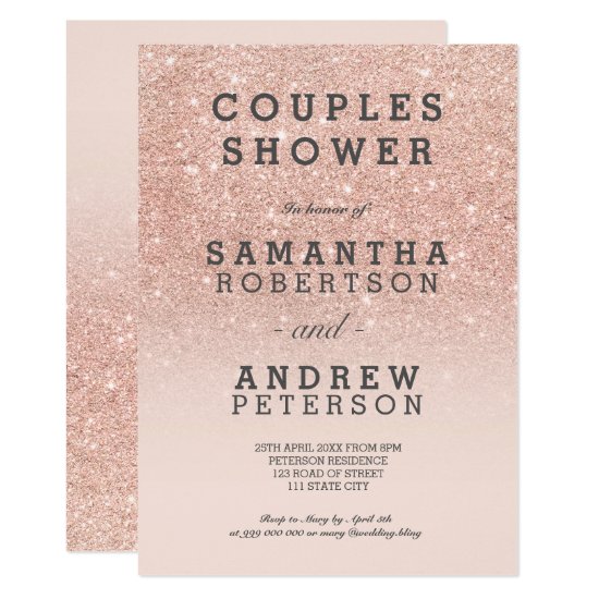 Rose gold faux glitter pink ombre couples shower invitation