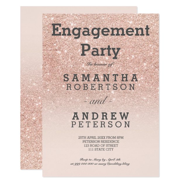 Rose Gold Faux Glitter Pink Ombre Engagement Party Invitation