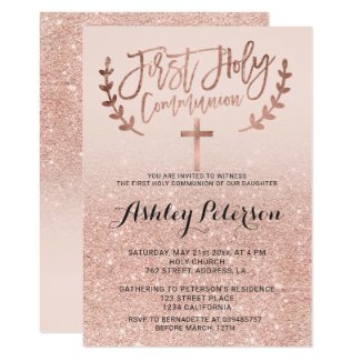 Rose gold faux glitter pink ombre first communion invitation