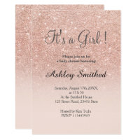 Rose gold faux glitter pink ombre girl baby shower card