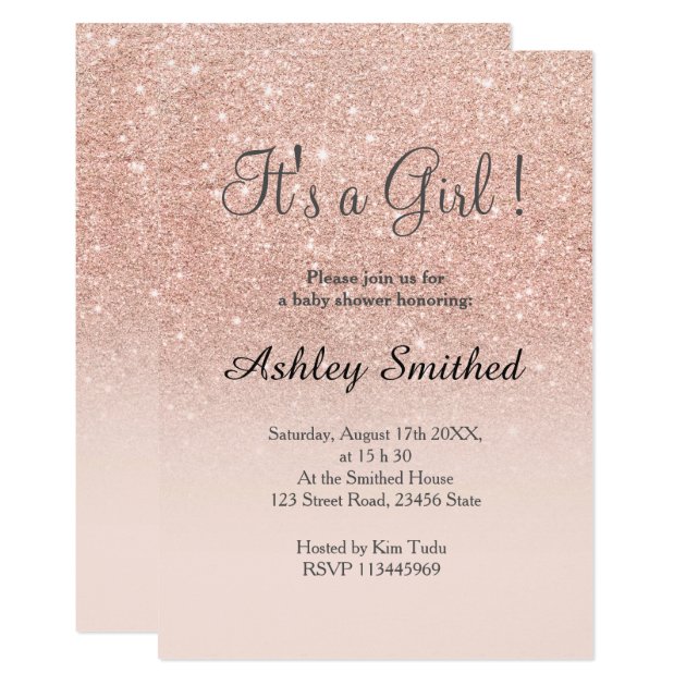 Rose Gold Faux Glitter Pink Ombre Girl Baby Shower Invitation