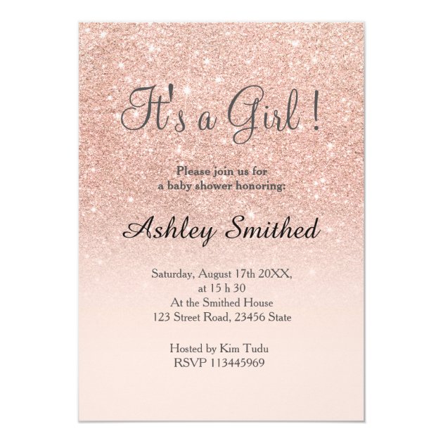 Rose Gold Faux Glitter Pink Ombre Girl Baby Shower Invitation