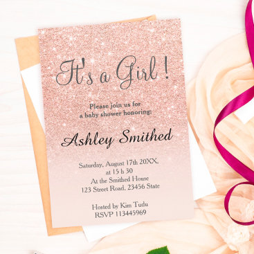 Rose gold faux glitter pink ombre girl baby shower invitation