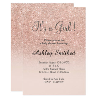 Rose gold faux glitter pink ombre girl baby shower invitation