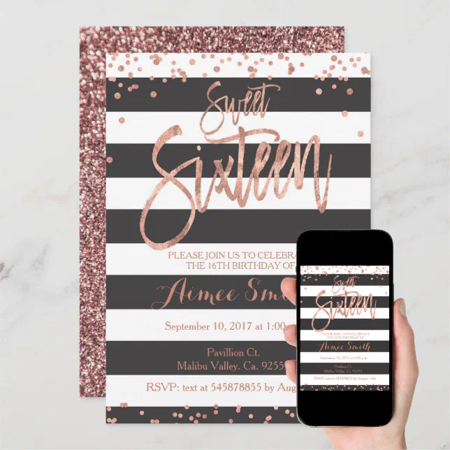 Rose Gold Faux Glitter Pink Ombre Girl Sweet 16 Invitation Zazzle 1685