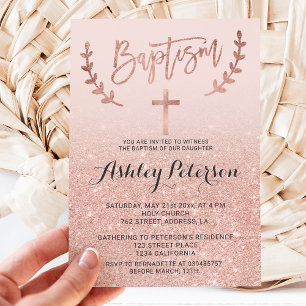 Rose gold faux glitter pink ombre girly baptism invitation