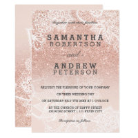 Rose gold faux glitter pink ombre lace wedding card