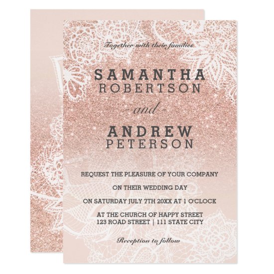 Rose gold faux glitter pink ombre lace wedding invitation
