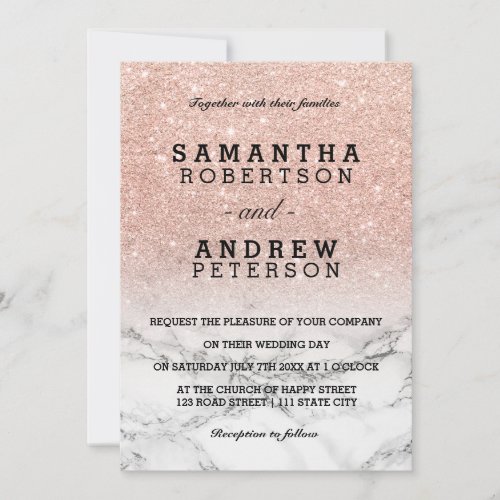 Rose gold faux glitter pink ombre marble wedding invitation