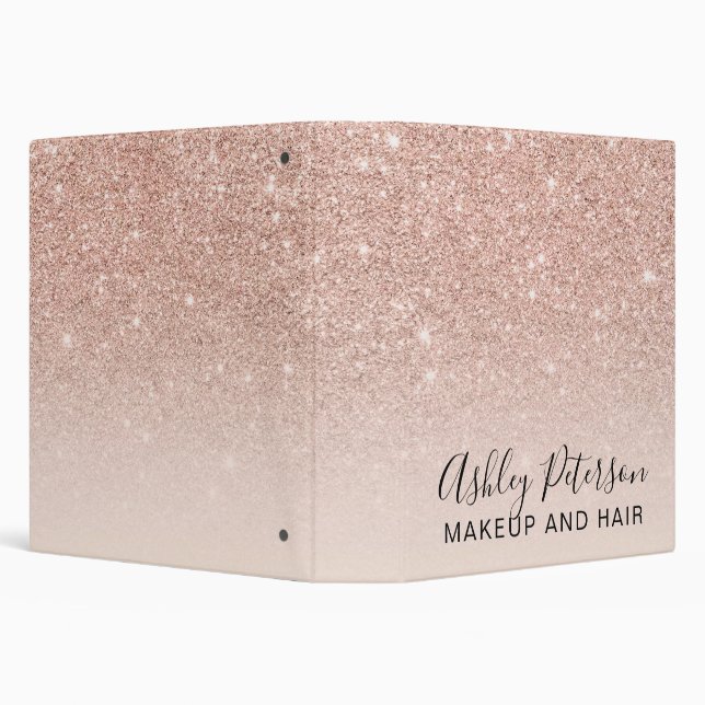 Rose gold faux glitter pink ombre monogram makeup 3 ring binder (Background)