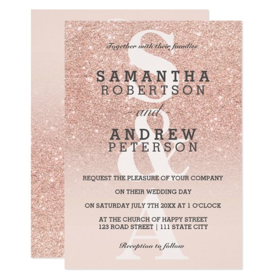 Rose gold faux glitter pink ombre monogram wedding invitation