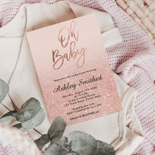 Rose gold faux glitter pink ombre Oh baby shower Invitation