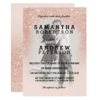 Rose gold faux glitter pink ombre photo wedding card