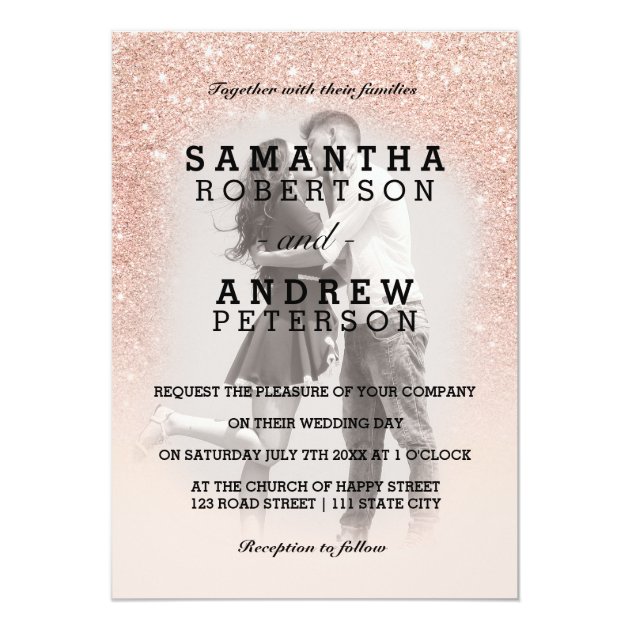 Rose Gold Faux Glitter Pink Ombre Photo Wedding Card