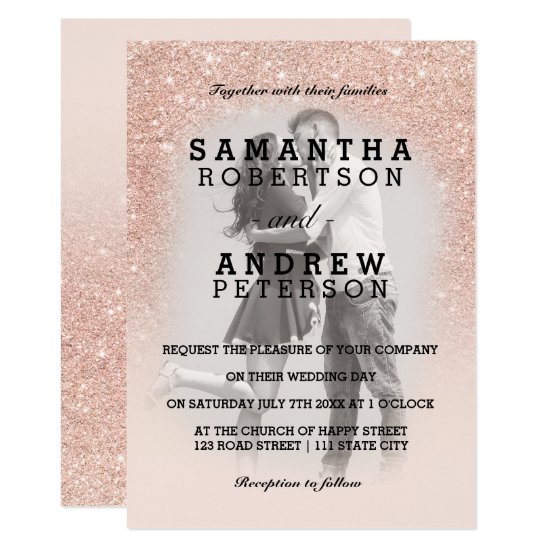 Rose gold faux glitter pink ombre photo wedding invitation