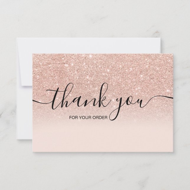 Rose gold faux glitter pink ombre script thank you card (Front)