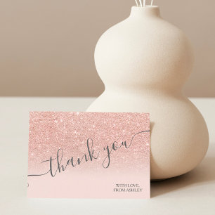 Rose gold faux glitter pink ombre script thank you card