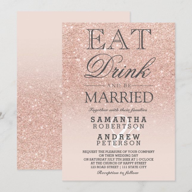 Rose gold faux glitter pink ombre script wedding invitation (Front/Back)
