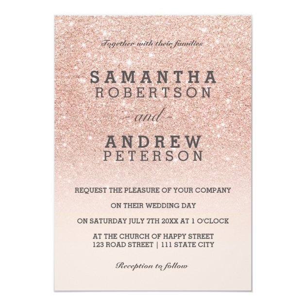 Rose Gold Faux Glitter Pink Ombre Wedding Invitation