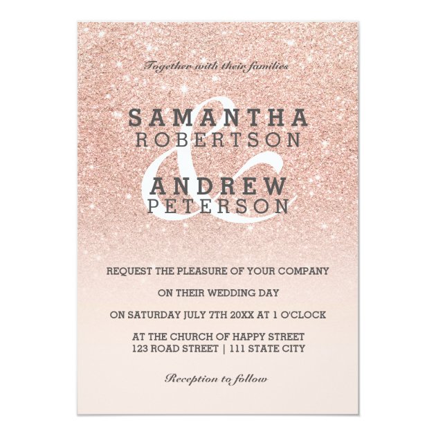 Rose Gold Faux Glitter Pink Ombre Wedding Custom Invitation