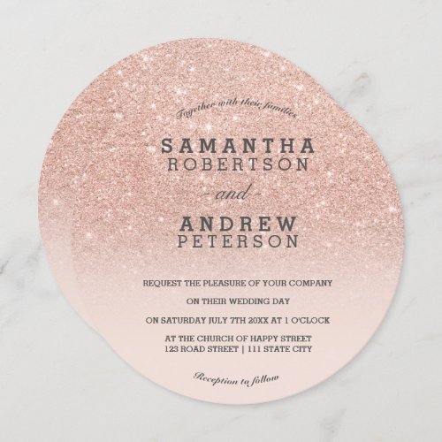 Rose gold faux glitter pink ombre wedding invitation