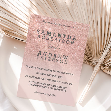 Rose Gold Faux Glitter Pink Ombre Wedding Invitation