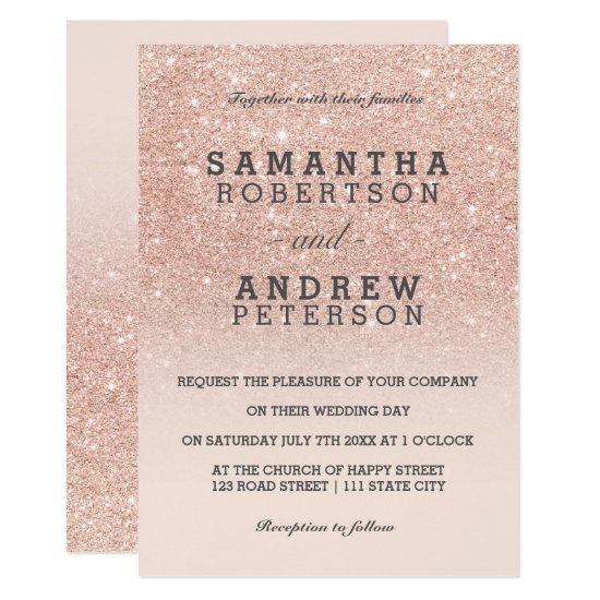 Rose gold faux glitter pink ombre wedding invitation