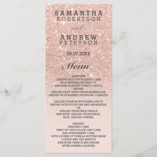Rose gold faux glitter pink ombre wedding menu