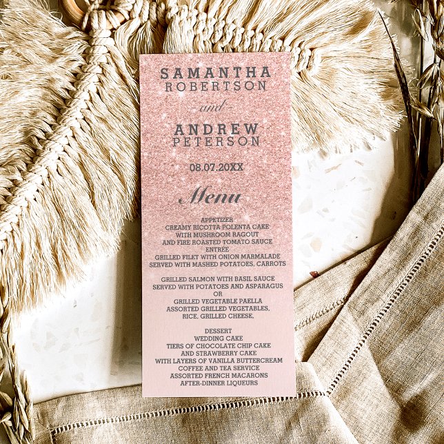 Rose gold faux glitter pink ombre wedding menu (Creator Uploaded)