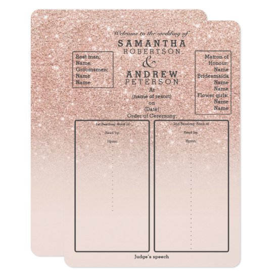 Rose gold faux glitter pink ombre wedding program
