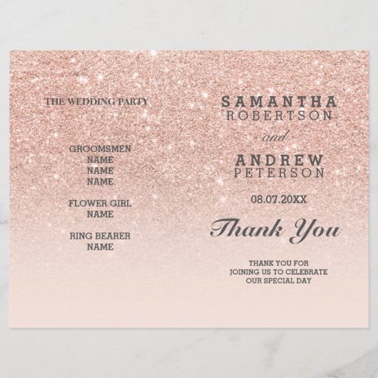 Rose gold faux glitter pink ombre wedding program