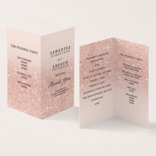 Rose gold faux glitter pink ombre wedding program