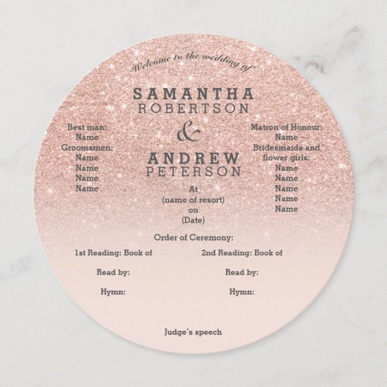 Rose gold faux glitter pink ombre wedding program