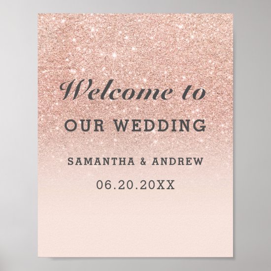 Rose gold faux glitter pink ombre wedding welcome poster