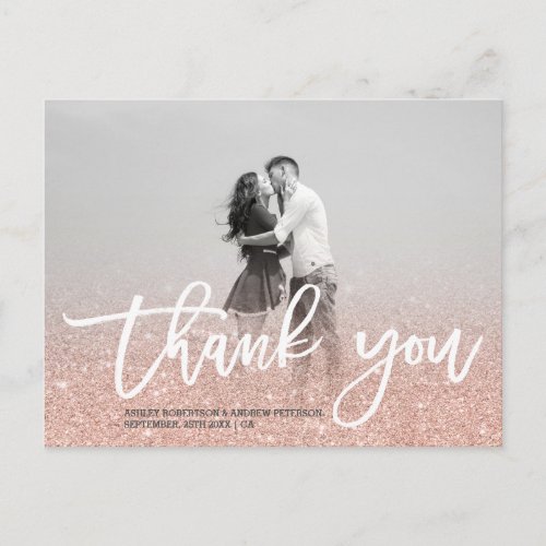 Rose gold faux glitter pink photo thank you postcard