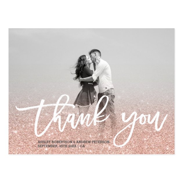 Rose Gold Faux Glitter Pink Photo Thank You Postcard