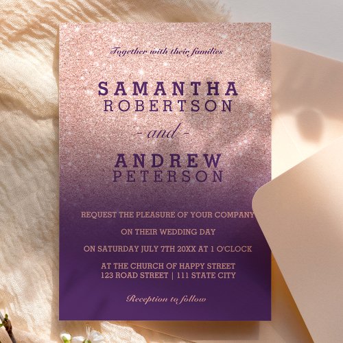 Rose gold faux glitter purple grape ombre wedding invitation